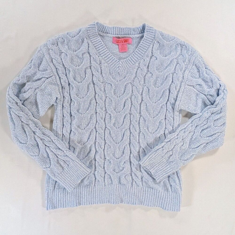 Coco & Shay Women's Sweater XS Light Blue Cable Knit Long Sleeve Soft Coquette